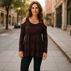 Soma Women's Cold Shoulder Tunic Merlot Agile‎ Lines Banded Cuffs Size Medium